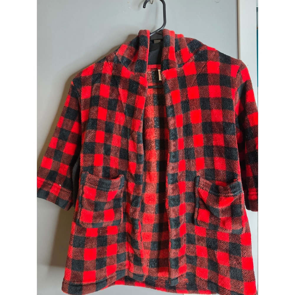 Cat & Jack Kids Red Black Buffalo Plaid Fleece Hooded Robe Size 4T 5T